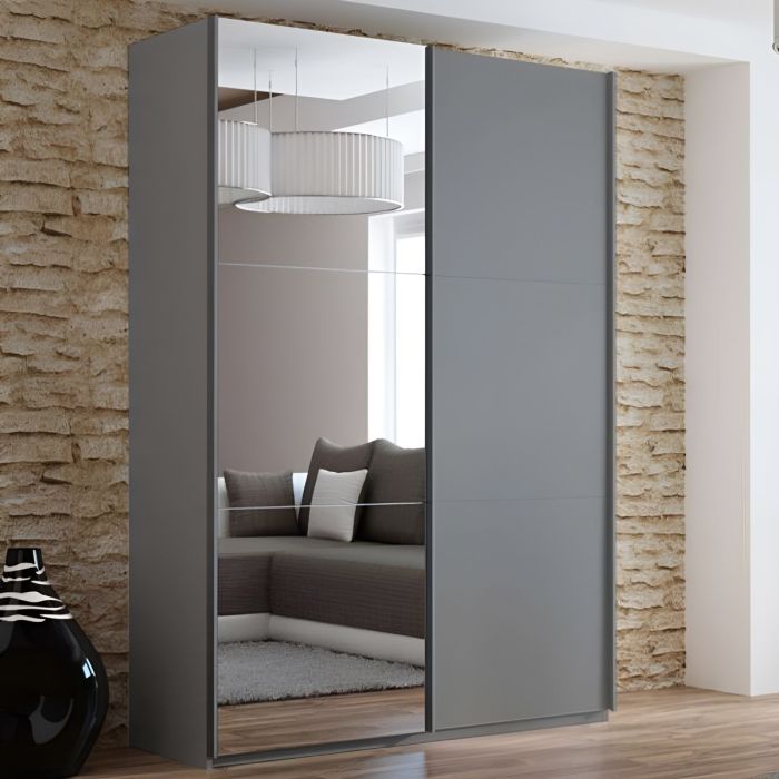 Boris 151cm 2-Door Mirrored Sliding Wardrobe in Grey