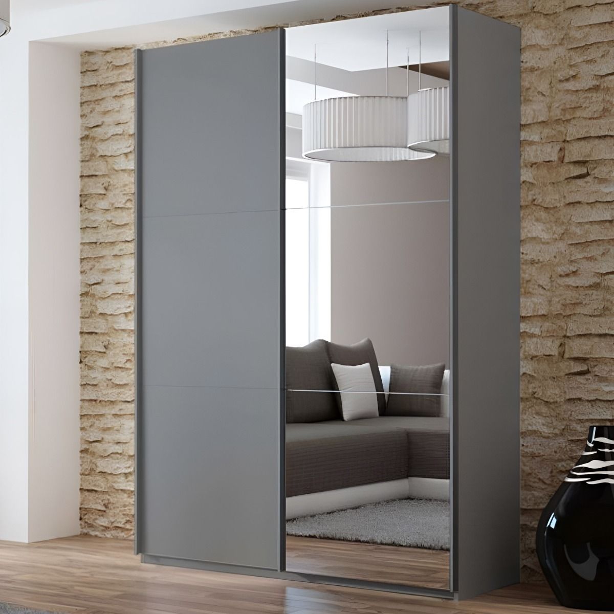 Boris 151cm 2-Door Mirrored Sliding Wardrobe in Grey – product detail