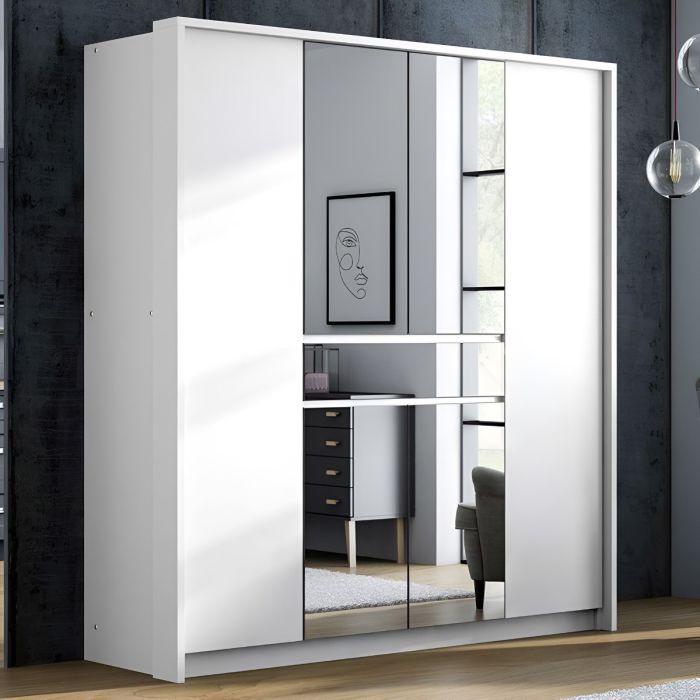 Waverley 200cm 6-Door Mirrored Hinged Wardrobe with 1 Drawer in White