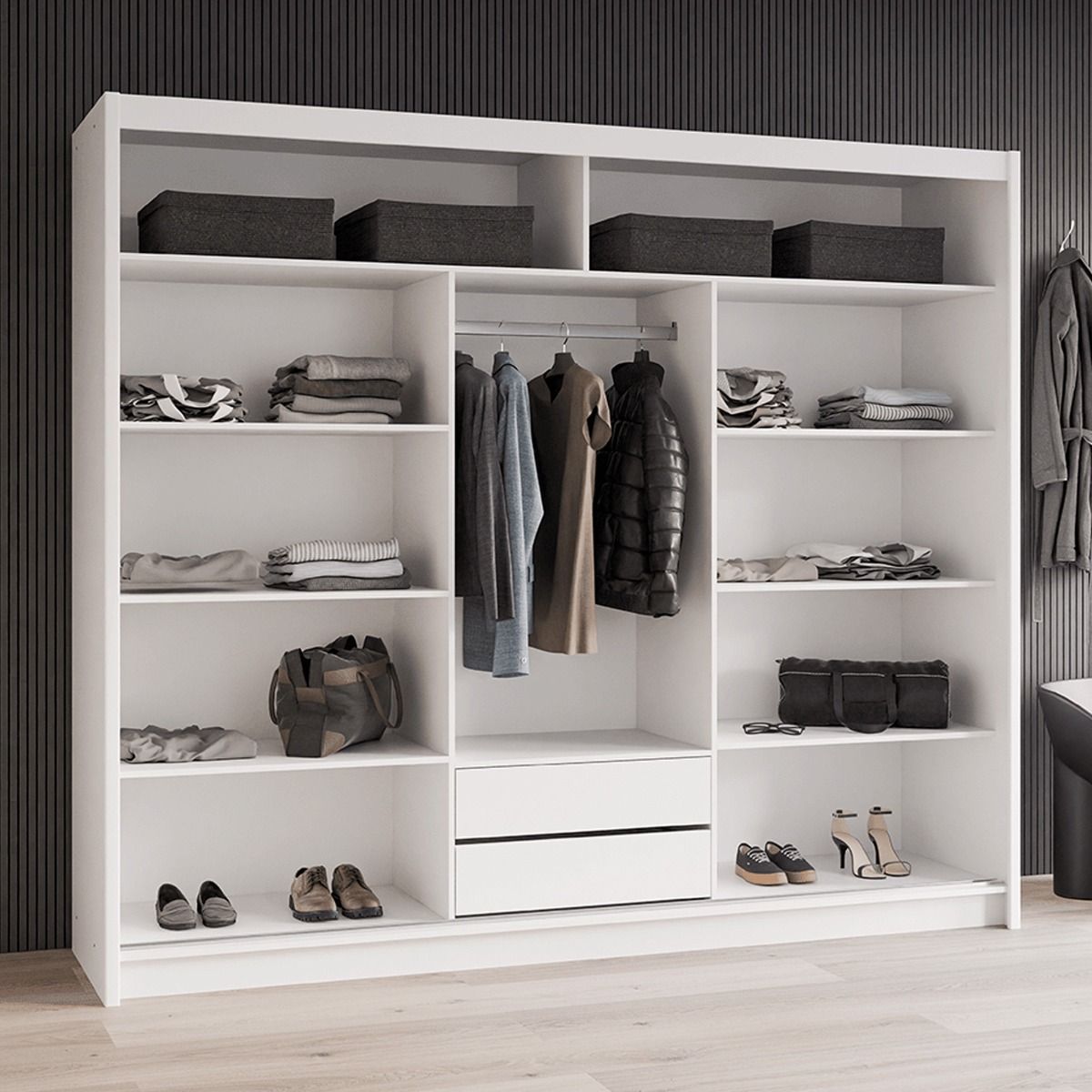 Hampstead 250cm 3-Door Mirrored Sliding Wardrobe with 2 Drawers in White – product detail