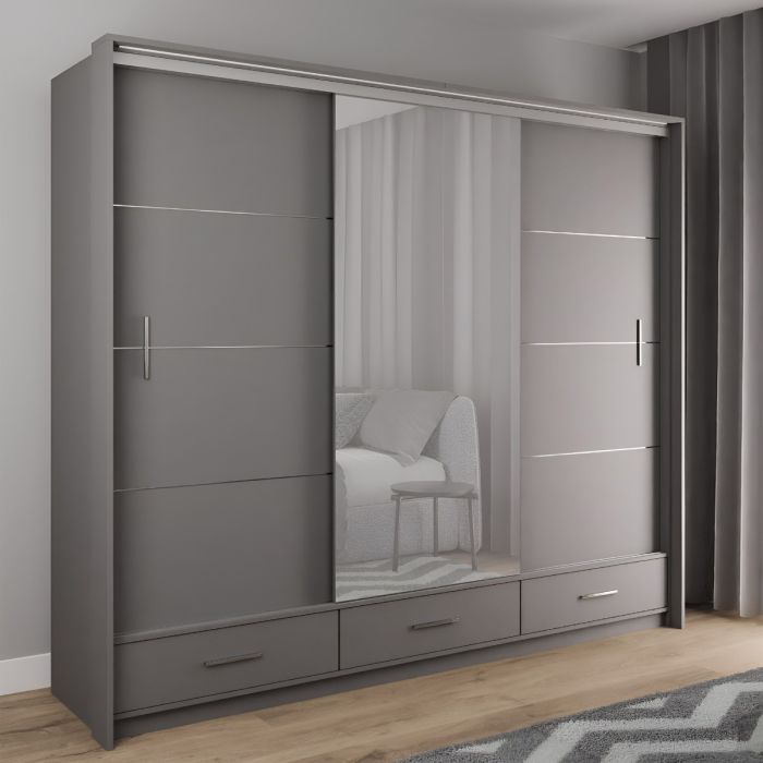 Warrington 255cm 3-Door Mirrored Sliding Wardrobe with 3 Drawers in Grey