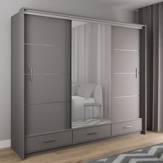 Warrington 255cm 3-Door Mirrored Sliding Wardrobe with 3 Drawers in Grey