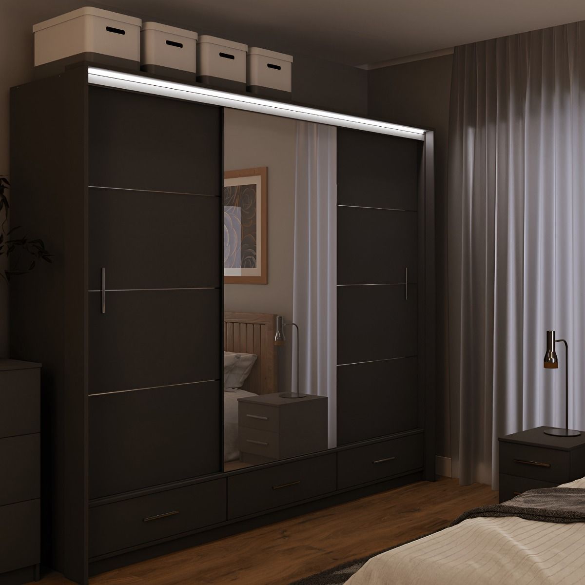 Warrington 255cm 3-Door Mirrored Sliding Wardrobe with 3 Drawers in Grey – product detail