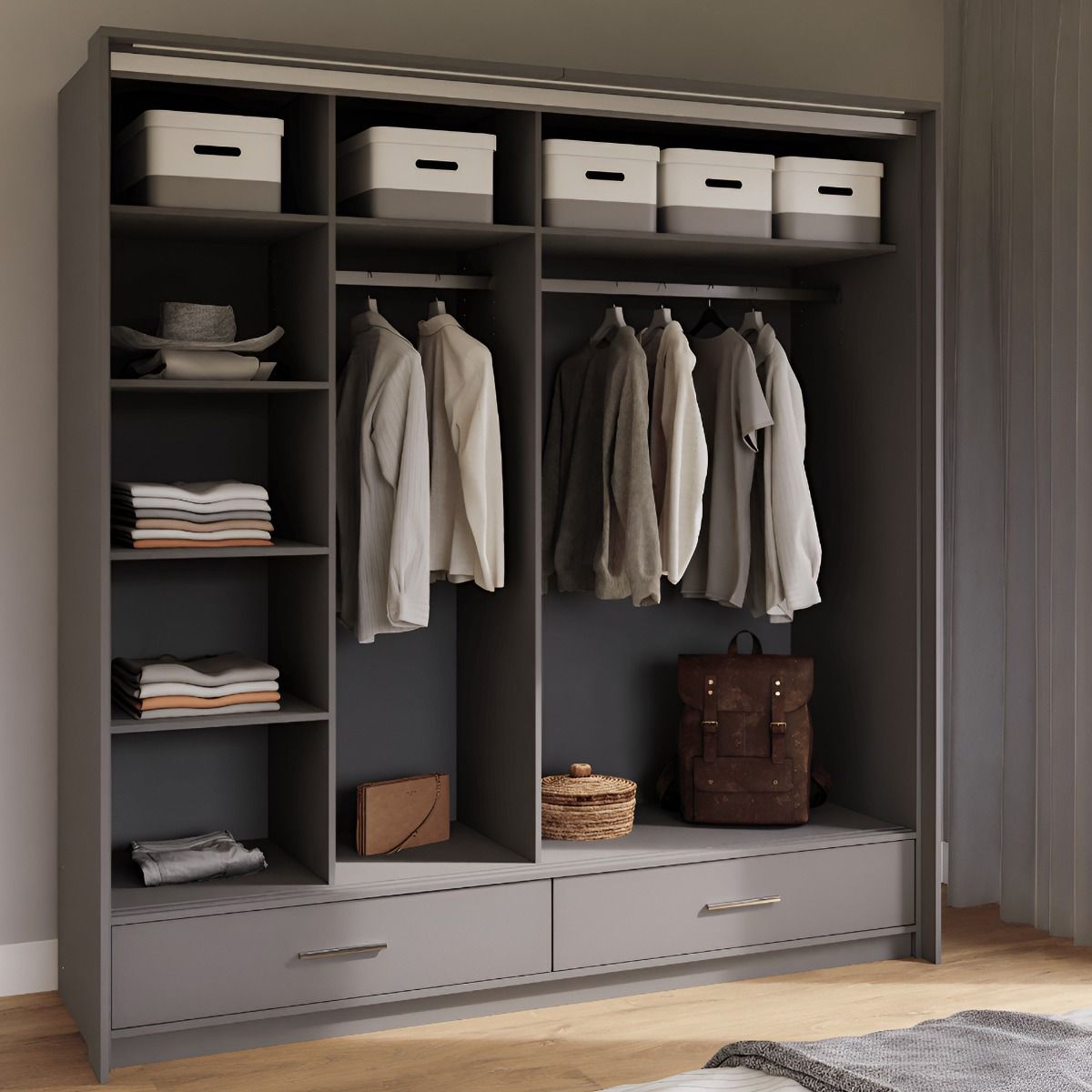 Warrington 208cm 2-Door Mirrored Sliding Wardrobe with 2 Drawers in Grey – product detail