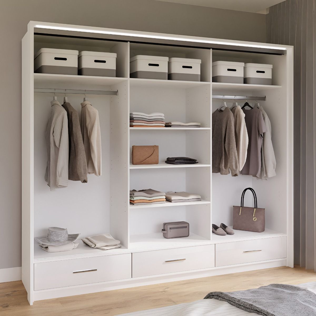 Warrington 255cm 3-Door Mirrored Sliding Wardrobe with 3 Drawers in White – product detail