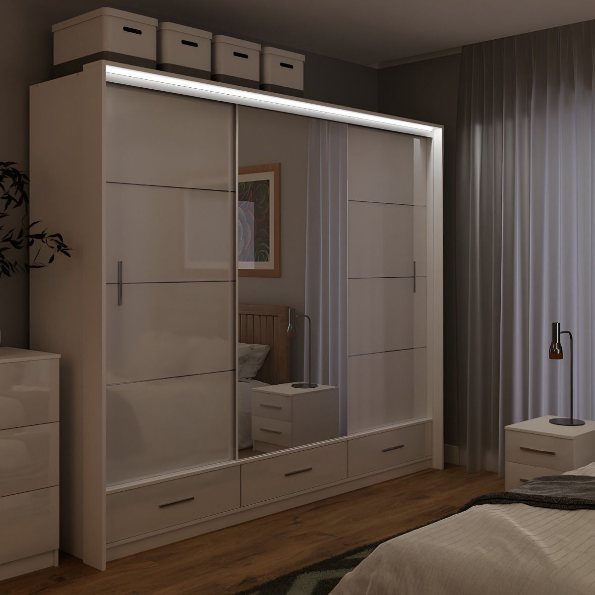 Warrington 255cm 3-Door Mirrored Sliding Wardrobe with 3 Drawers in White – product detail