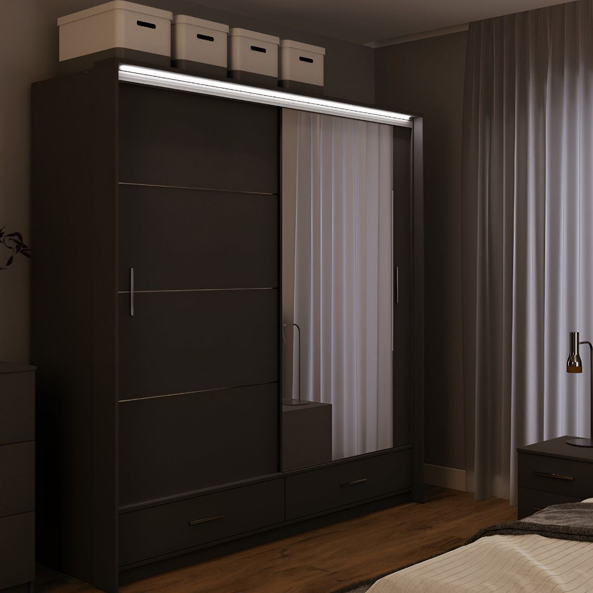 Warrington 208cm 2-Door Mirrored Sliding Wardrobe with 2 Drawers in Grey – product detail