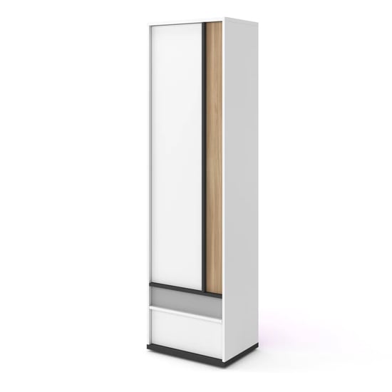 Indio Kids single door wardrobe in matt white with wood accent and black trim.