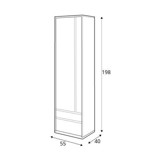 Line drawing of a single door matt white wardrobe, 198cm H x 55cm W x 40cm D, for kids' rooms.