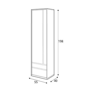 Line drawing of the Indio Kids Wooden Wardrobe With 1 Door In Matt White, tall and narrow, showing dimensions: 198 cm height, 55 cm width, and 40 cm depth—an ideal storage solution for children.