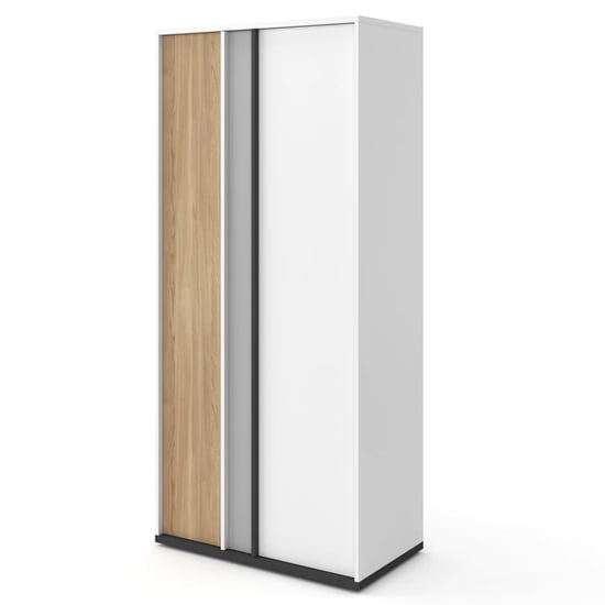 Two-door wardrobe in matt white with a contrasting wood-effect door. Choice Wardrobe.