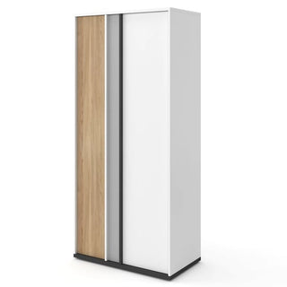 The Indio Kids Wooden Wardrobe With 2 Doors In Matt White features a tall, rectangular design with one matt white and one light wood door, black trim accents, and is perfect for children's bedroom storage.