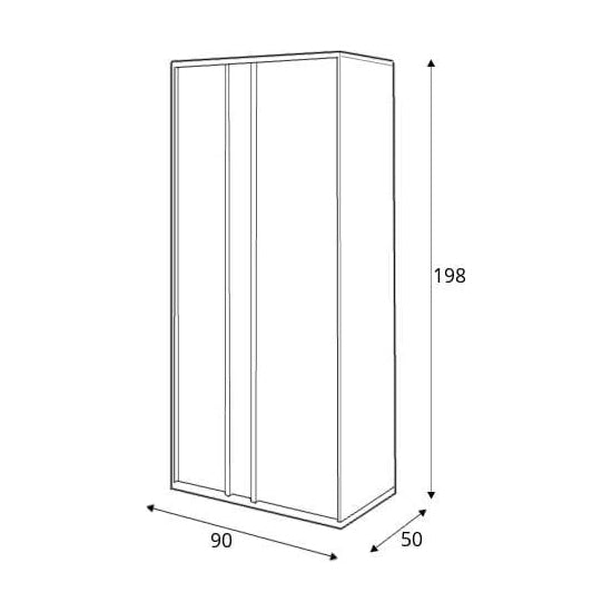 Line drawing of INDIO KIDS MATT WHITE wooden wardrobe with 2 doors, 198cm H x 90cm W x 50cm D.