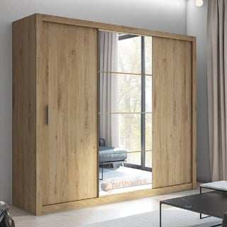 CHOICEWARDROBE Inverto 3 Door Sliding Wardrobe – 250cm Wide, Shetland Oak with Central Mirror | Built-In Shelves & Double Hanging Rail