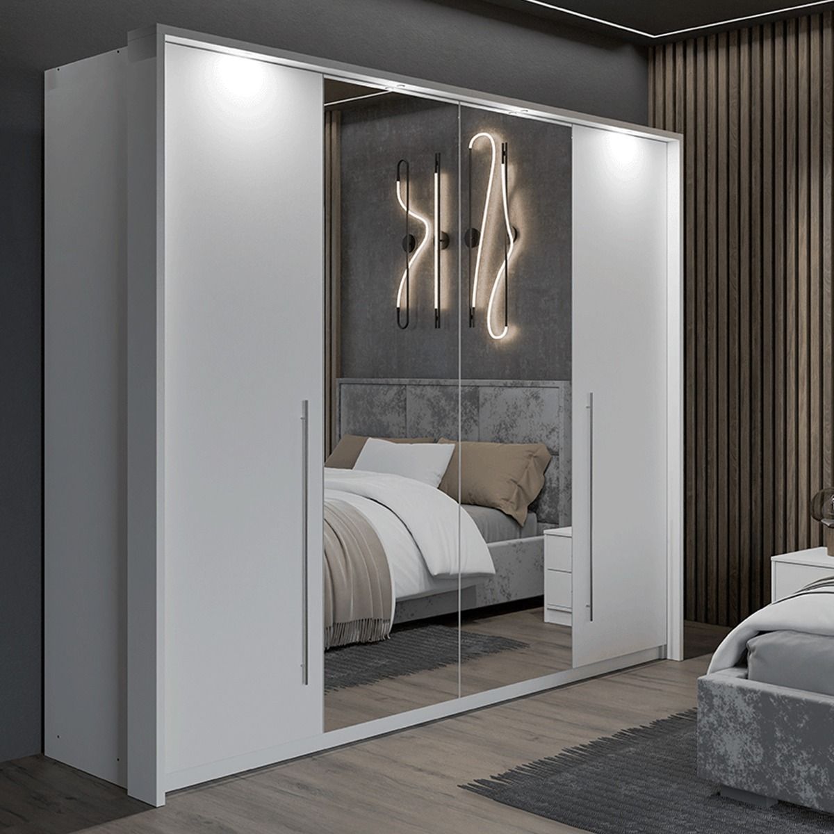 Kirklees 256cm 2-Door Mirrored Sliding Wardrobe with 4 Drawers in White – product detail