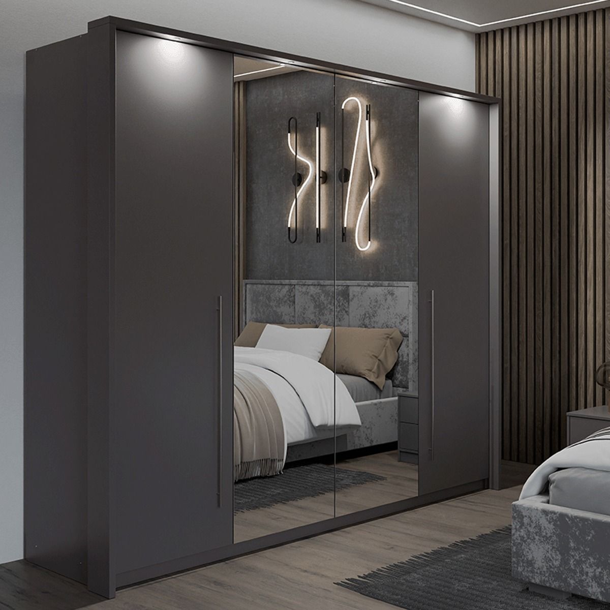 Kirklees 256cm 2-Door Mirrored Sliding Wardrobe with 4 Drawers in Grey – product detail