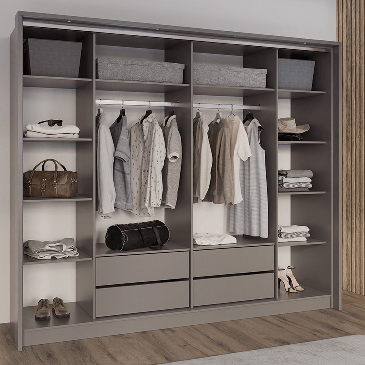 Kirklees 256cm 2-Door Mirrored Sliding Wardrobe with 4 Drawers in Grey – product detail