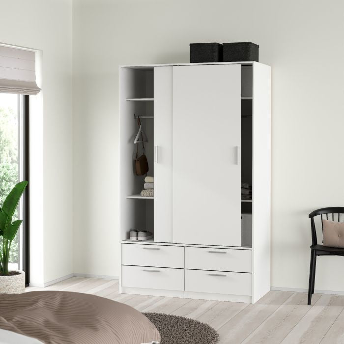 White sliding door wardrobe with 2 doors and 4 drawers, interior hanging rail and shelves