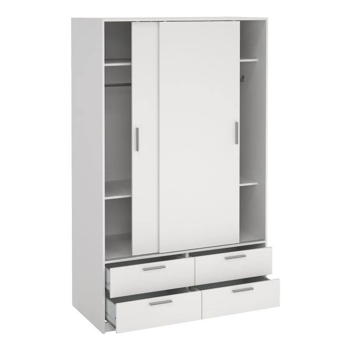White 2-door sliding wardrobe with 4 visible drawers and open shelving on the left