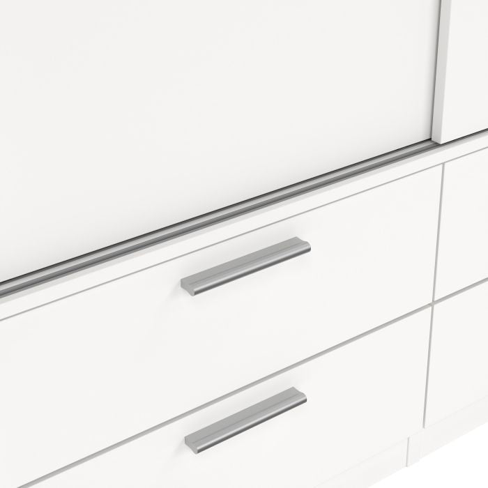 White sliding wardrobe showing two drawers with silver plastic handles