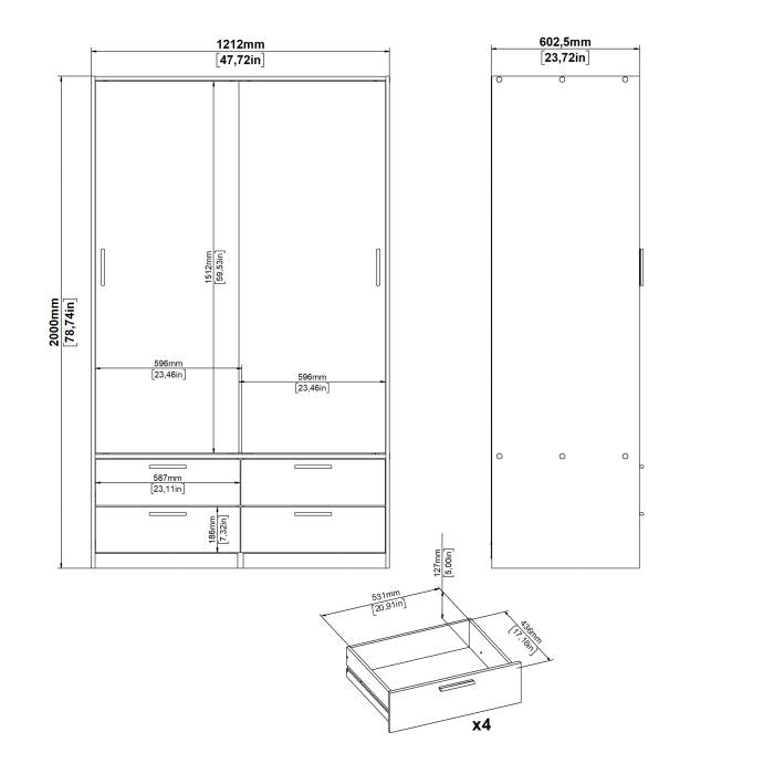 Technical diagram of a white 2-door sliding wardrobe showing dimensions and 4 drawers.