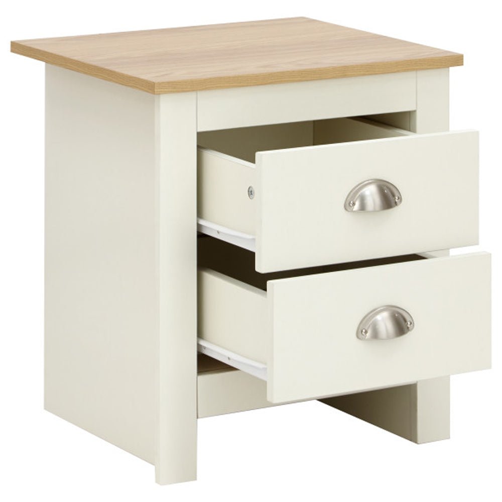 Loftus wooden bedside cabinet with 2 drawers in cream with oak top and metal cup handles.