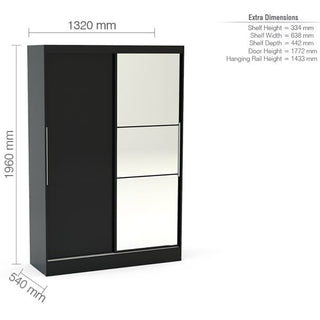 CHOICEWARDROBE Lynn 2 Door Sliding Mirrored Wardrobe – Black High Gloss | Space-Saving Modern Bedroom Storage