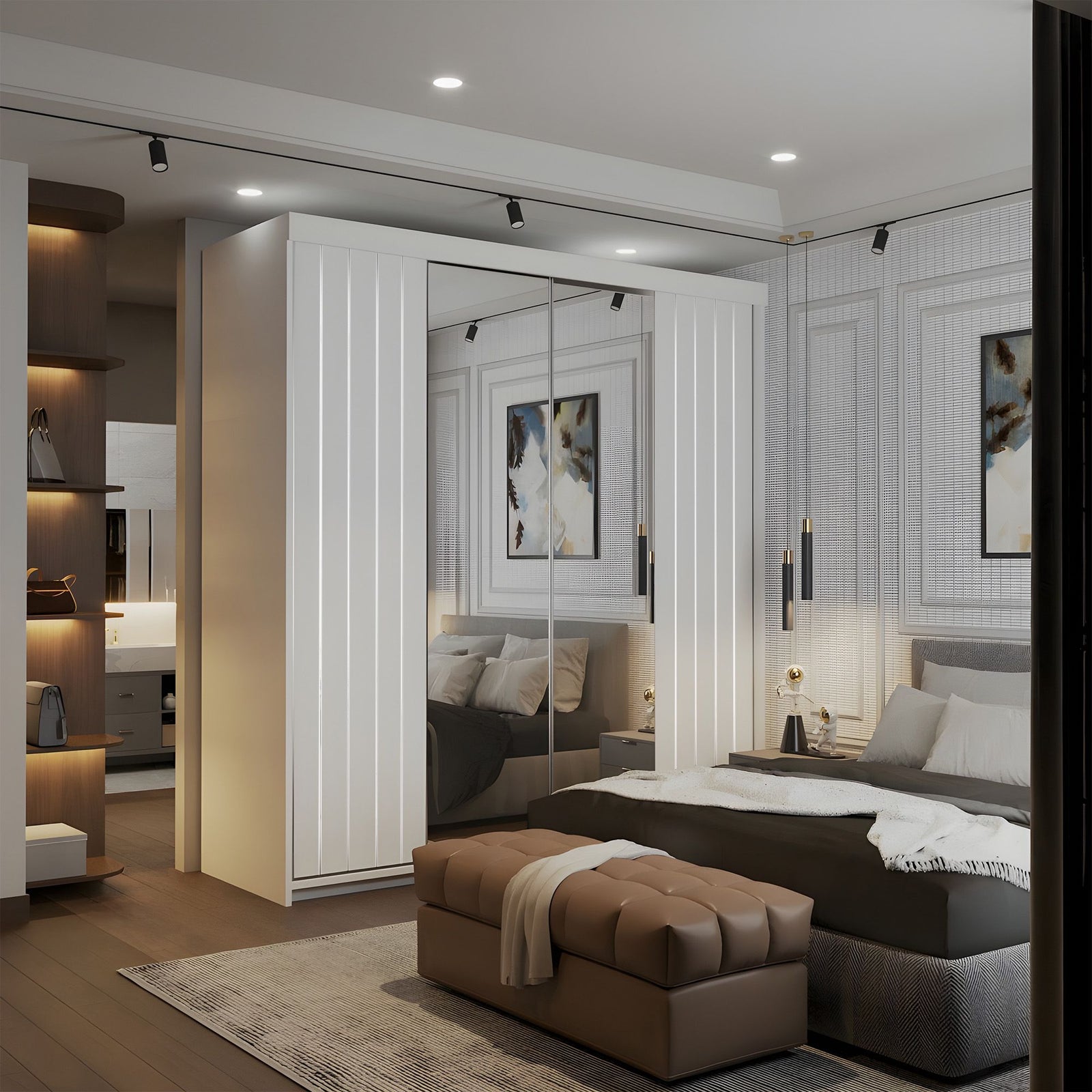 CHOICEWARDROBE Modern Double Sliding Wardrobe with LED Light W150cm x H217cm x D62cm in White – image 1
