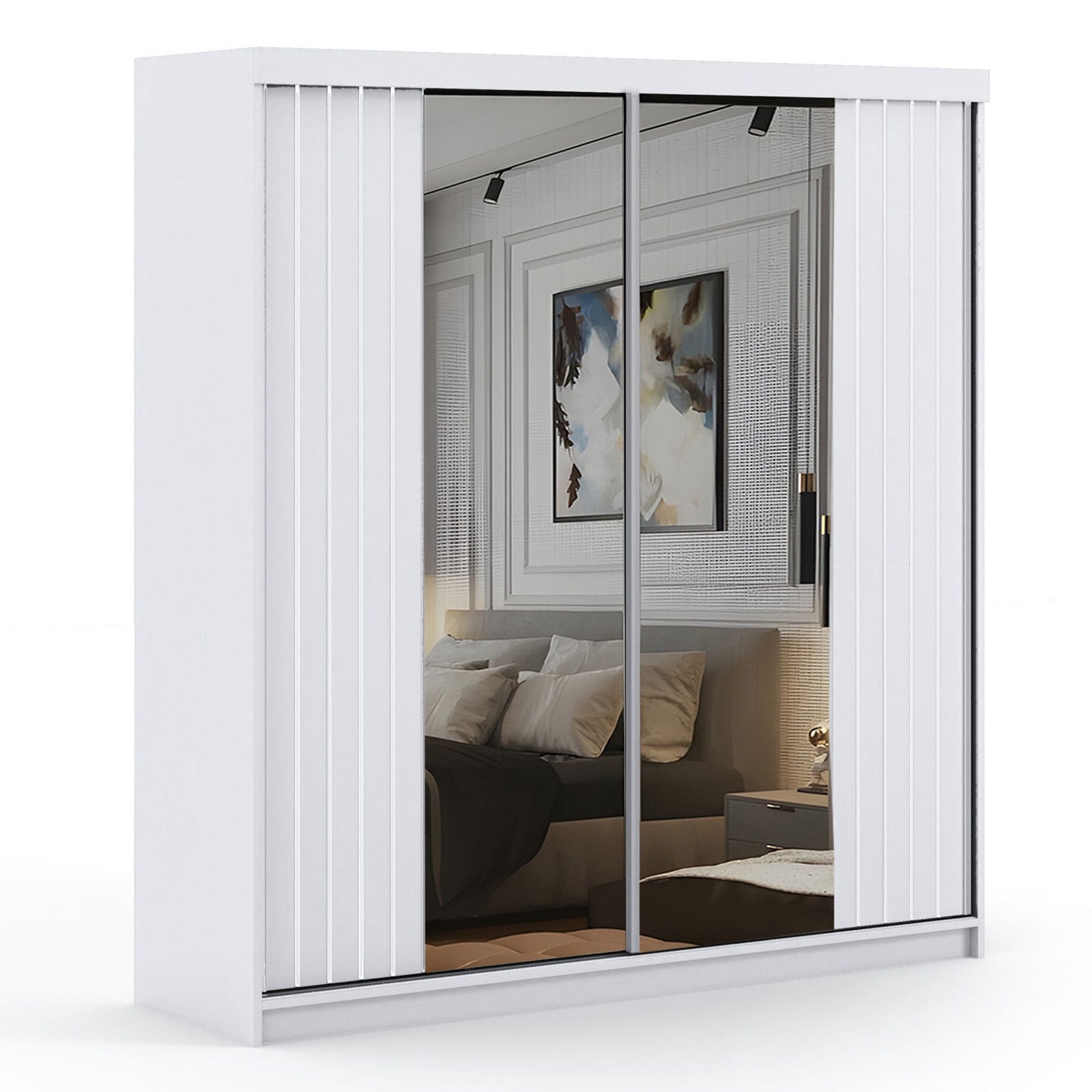 CHOICEWARDROBE Modern Double Sliding Wardrobe with LED Light W150cm x H217cm x D62cm in White – image 2