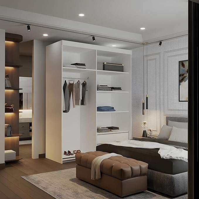 CHOICEWARDROBE Modern Double Sliding Wardrobe with LED Light W150cm x H217cm x D62cm in White – image 3
