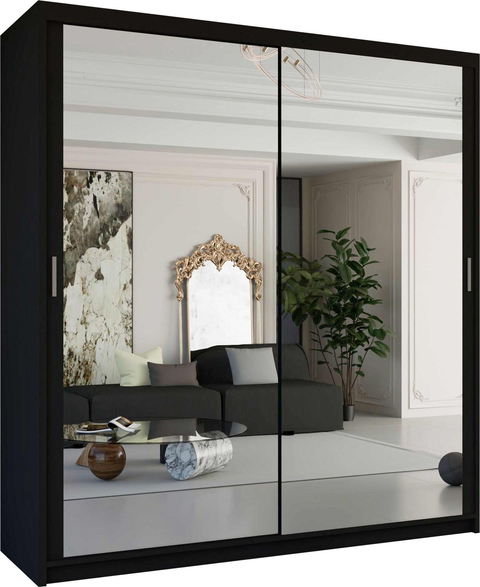 CHOICEWARDROBE Double Mirror Sliding Wardrobe With LED Light W100cm x H217cm x D62cm in Black – image 2
