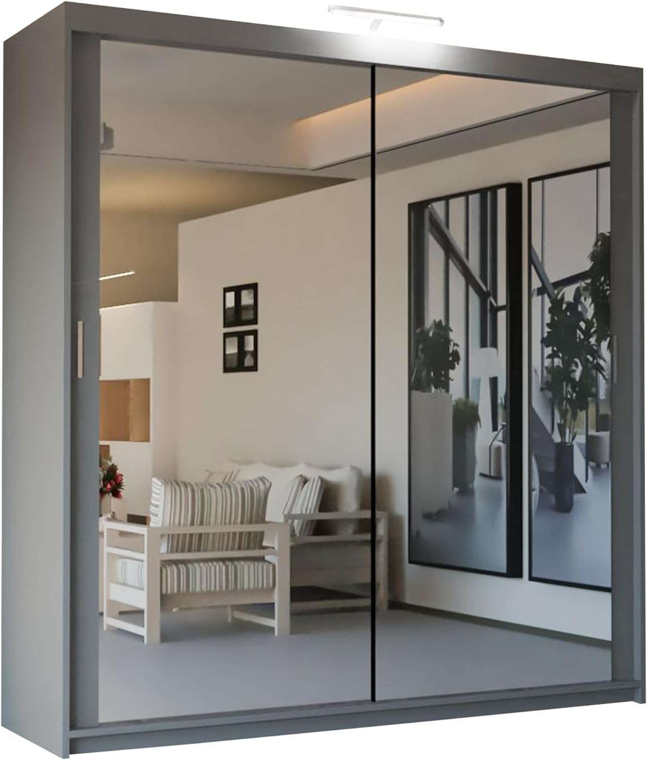 CHOICEWARDROBE Modern Mirror Sliding Wardrobe with Top LED Light W180cm x H217cm in Grey – image 2