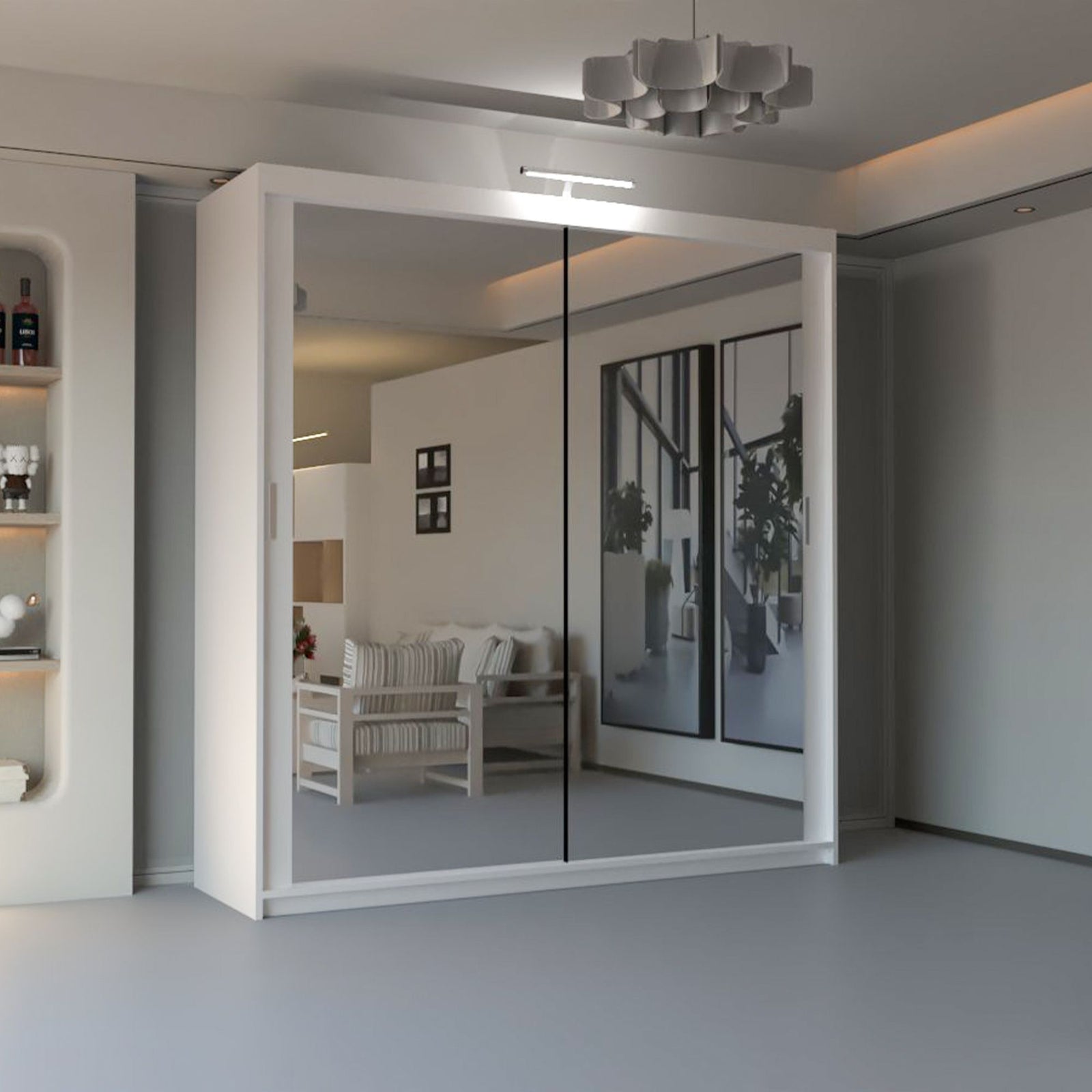 CHOICEWARDROBE Modern Mirror Sliding Wardrobe with Top LED Light W203cm x H217cm in White – image 1
