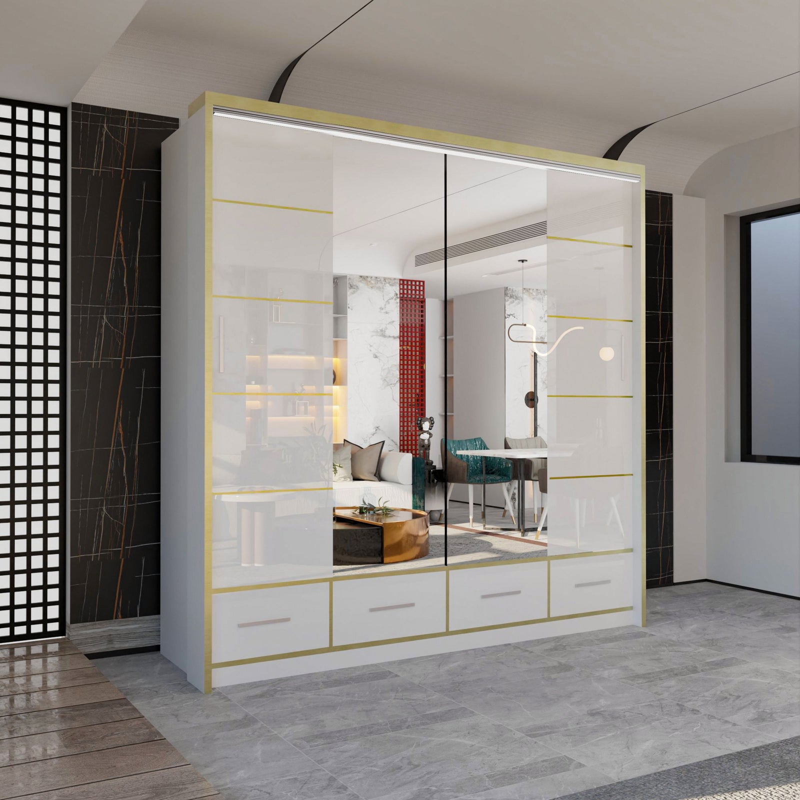 CHOICEWARDROBE Modern Gloss Wardrobe with LED Light & Mirror Doors 203×220cm in White – image 1