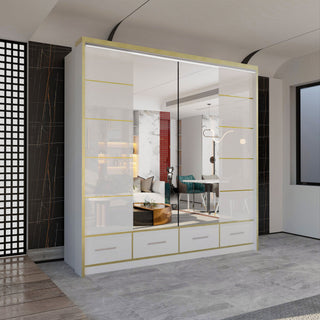 CHOICEWARDROBE Modern Gloss Wardrobe with LED Light & Mirror Doors 203×220cm in White – image 1