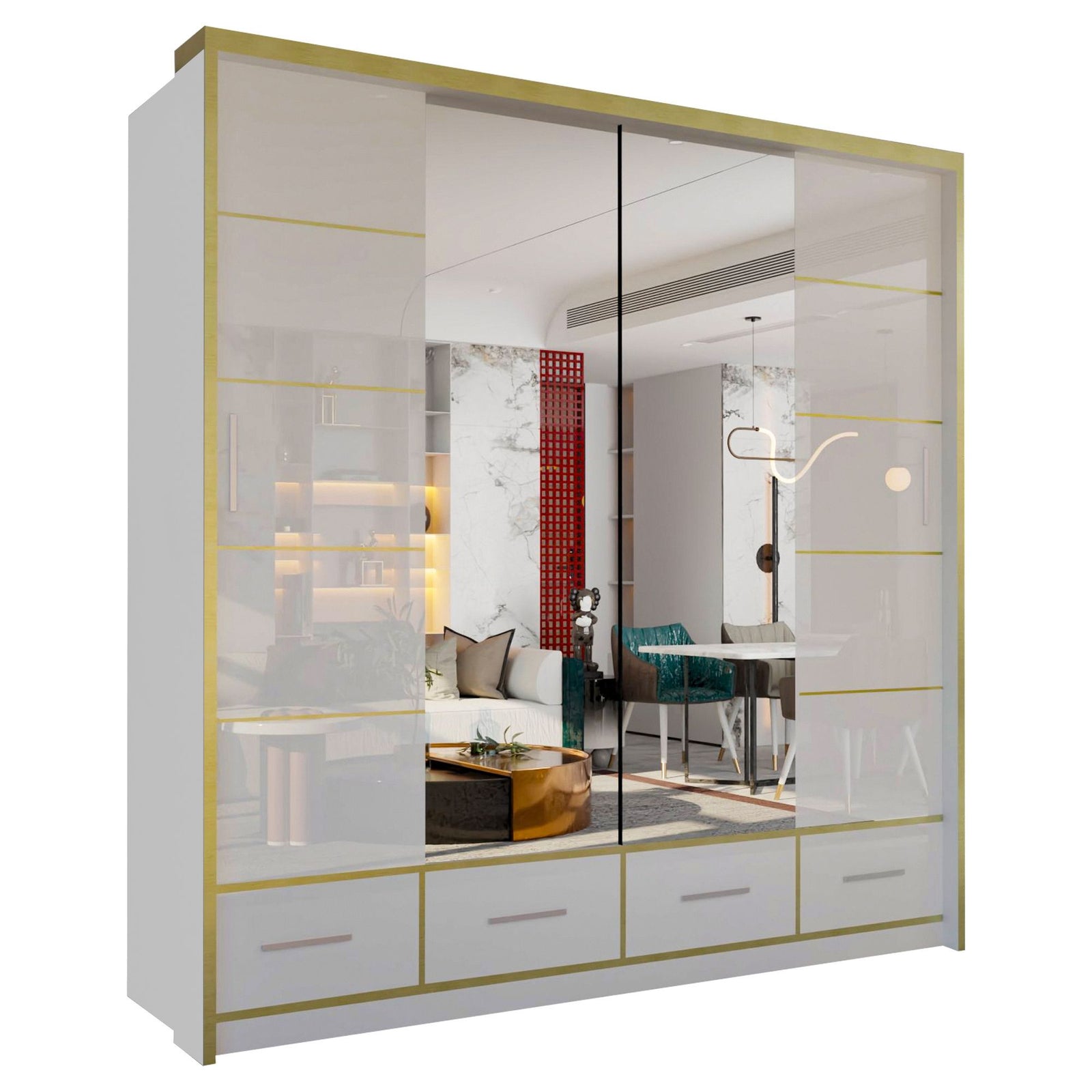 CHOICEWARDROBE Modern Gloss Wardrobe with LED Light & Mirror Doors 203×220cm in White – image 2