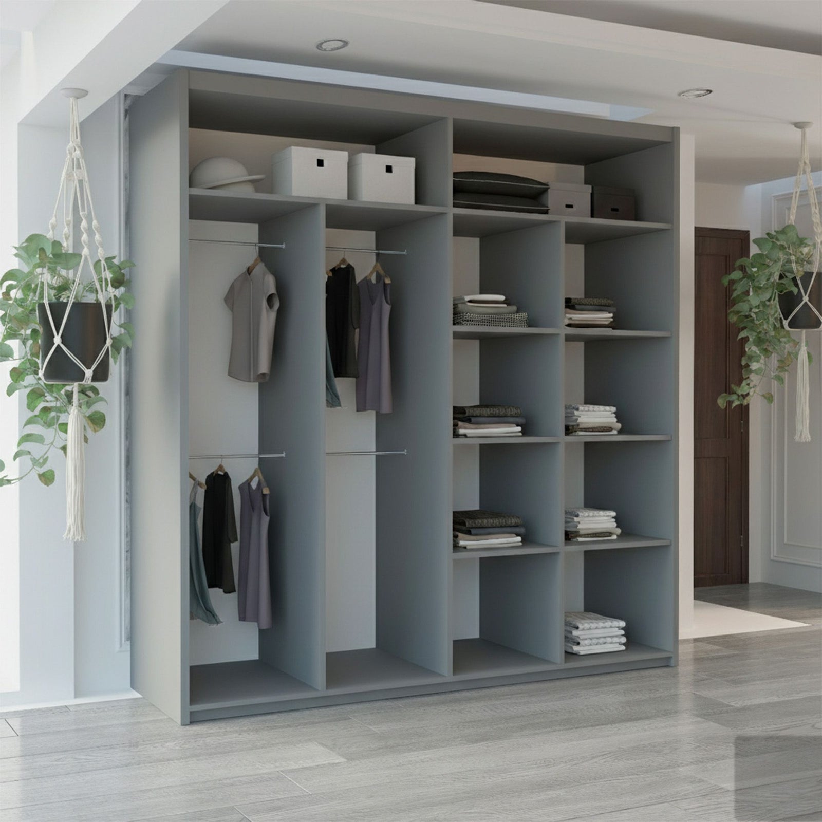 CHOICEWARDROBE Modern Sliding Wardrobe with LED Light W203cm x H217cm x D62cm in Grey – image 3