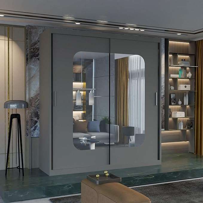 CHOICEWARDROBE Double Sliding Wardrobe with LED Light W120cm x H217cm x D62cm in Grey – image 1