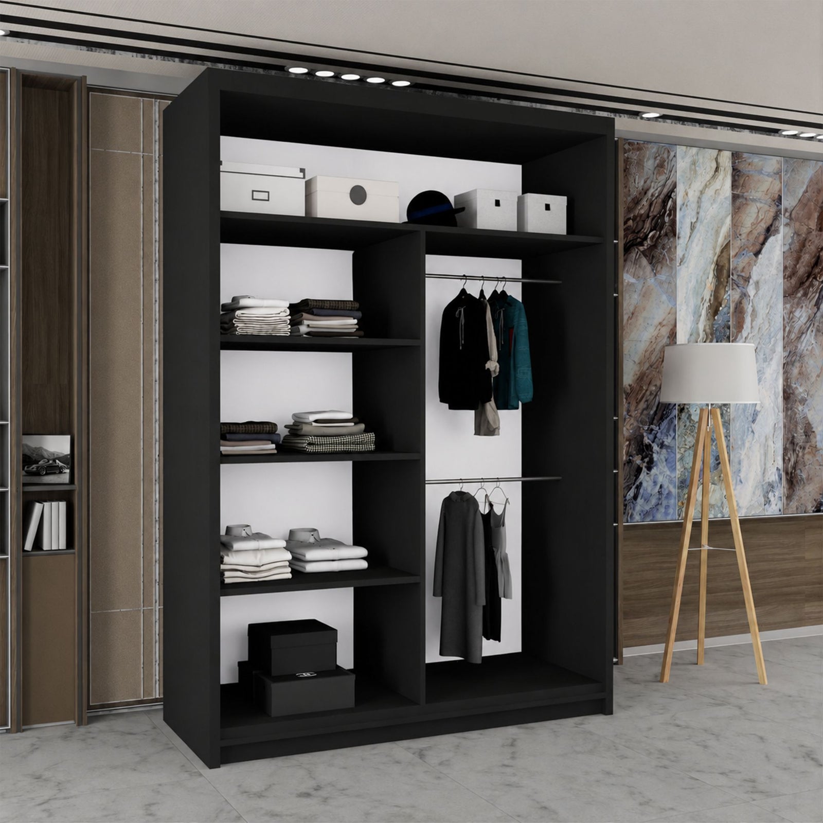 CHOICEWARDROBE Modern Double Sliding Wardrobe with LED Light W120cm x H217cm x D62cm in Black – image 3
