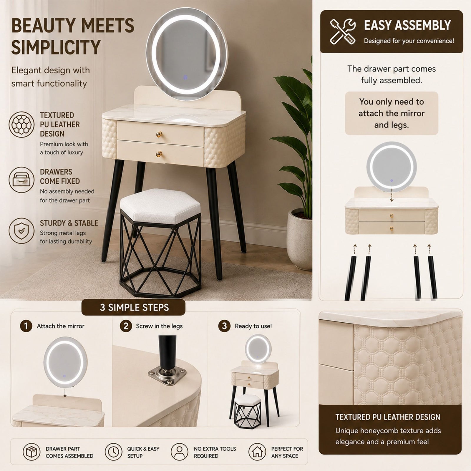 CHOICEWARDROBE Modern Dressing Table with LED Mirror & Stool Set W60 x D40 x H127cm in Beige – image 2