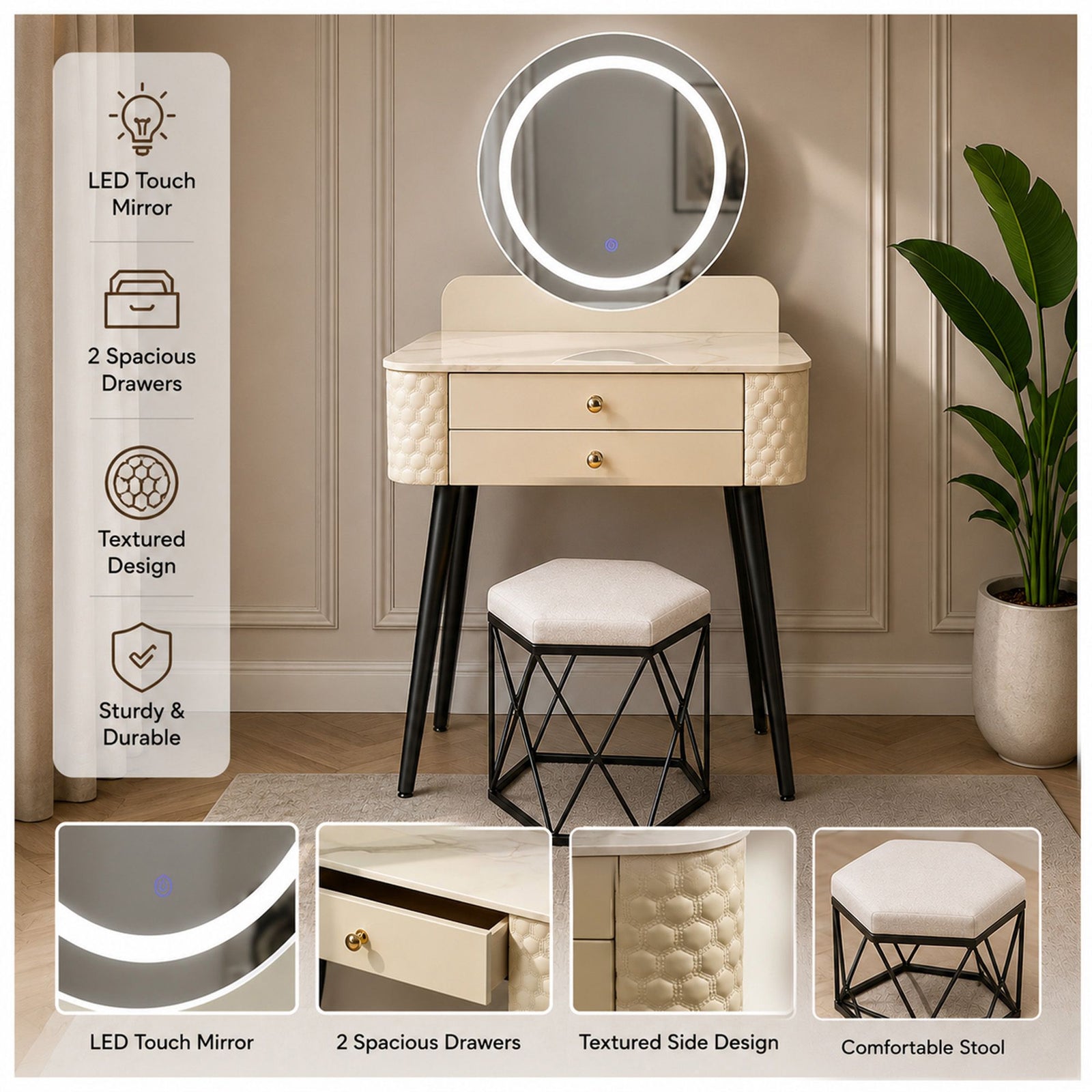 CHOICEWARDROBE Modern Dressing Table with LED Mirror & Stool Set W60 x D40 x H127cm in Beige – image 3