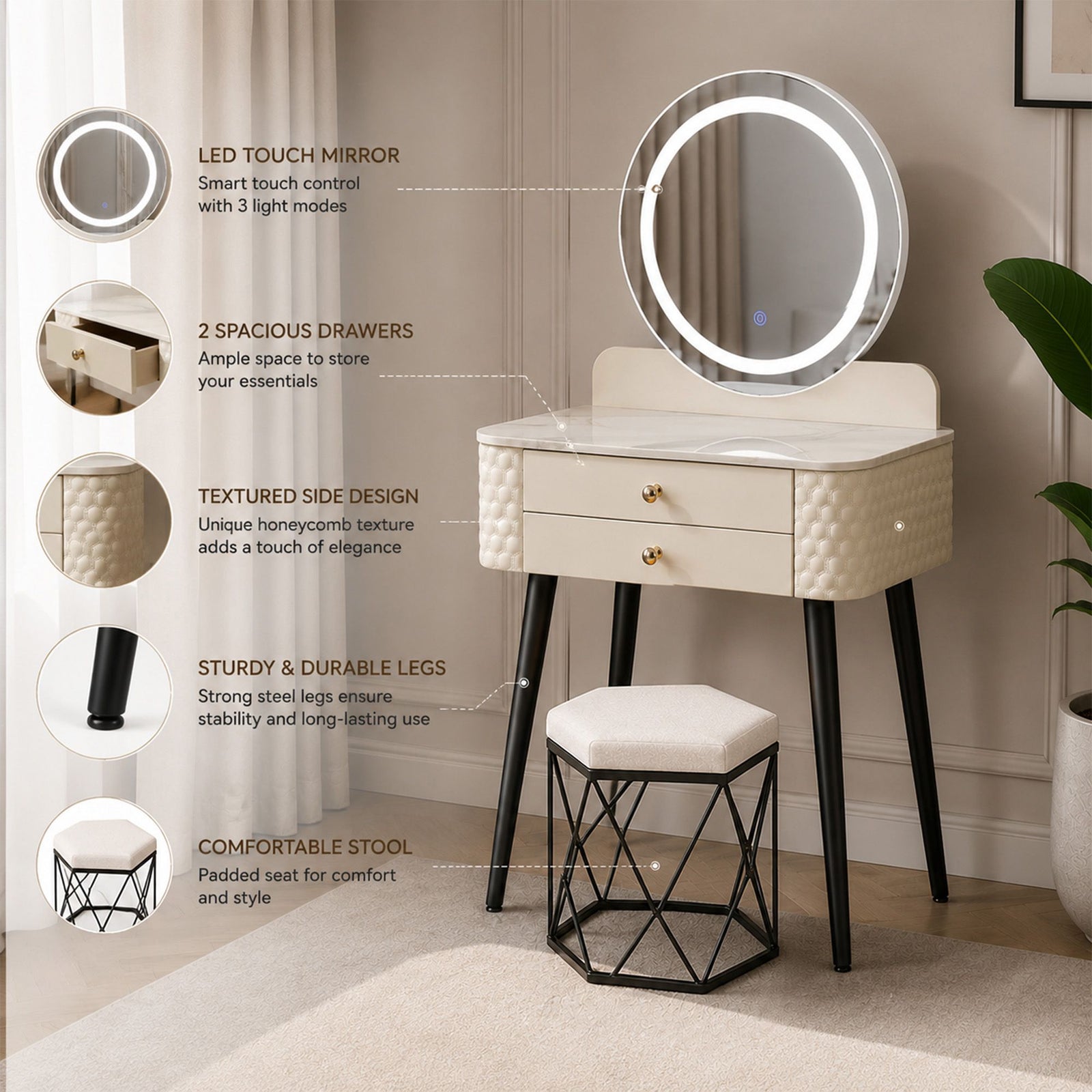 CHOICEWARDROBE Modern Dressing Table with LED Mirror & Stool Set W60 x D40 x H127cm in Beige – image 4