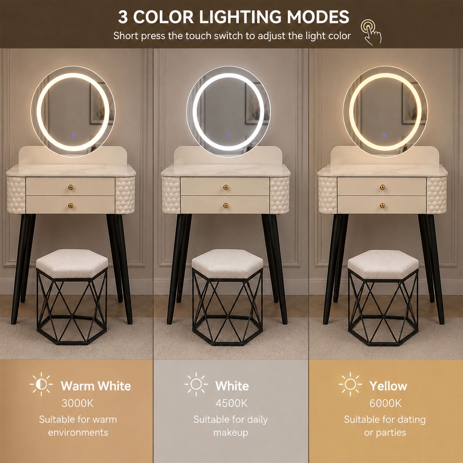 CHOICEWARDROBE Modern Dressing Table with LED Mirror & Stool Set W60 x D40 x H127cm in Beige – image 5