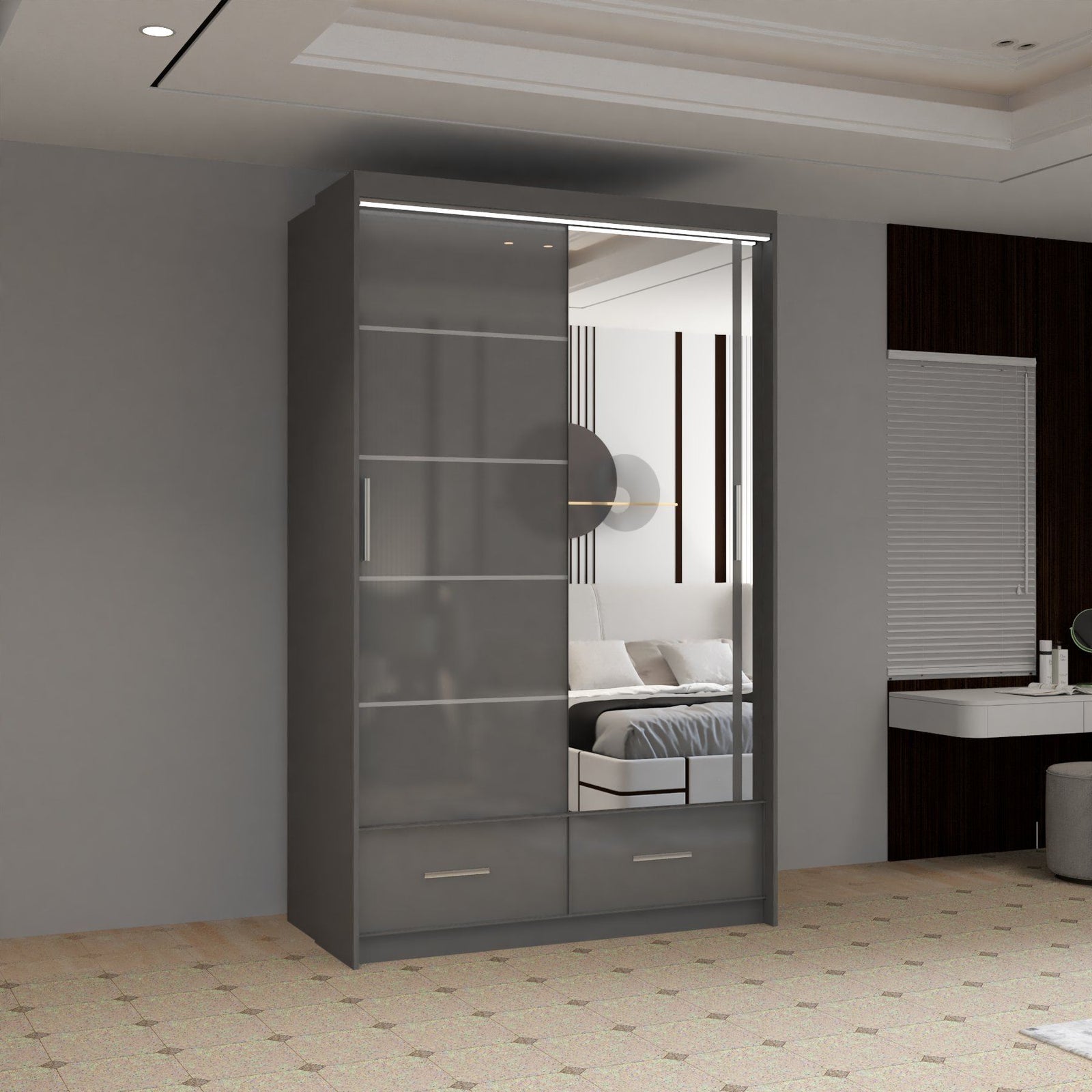 CHOICEWARDROBE Luxury High Gloss Sliding Wardrobe with LED Light W150cm x H220cm in Grey – image 1
