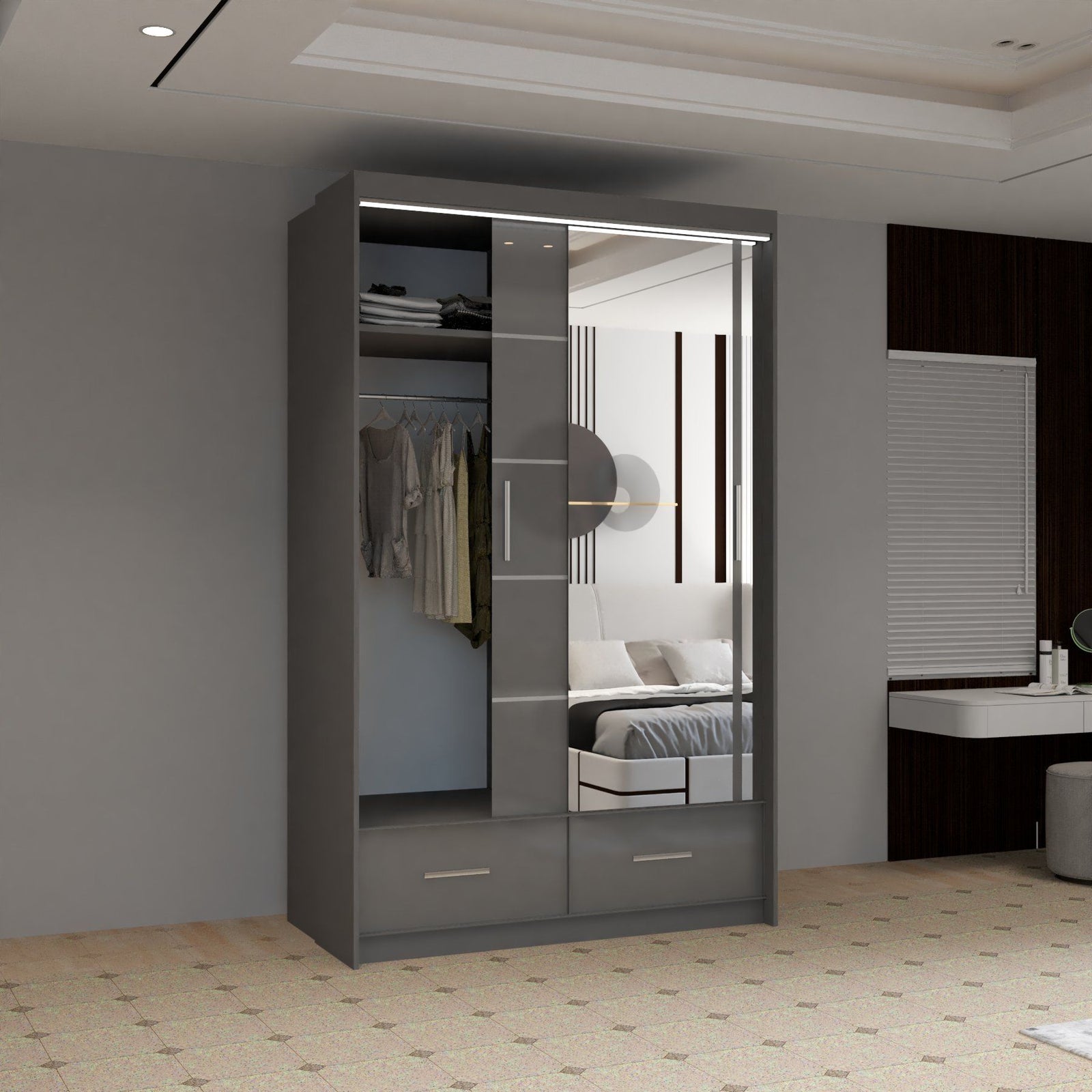 CHOICEWARDROBE Luxury High Gloss Sliding Wardrobe with LED Light W150cm x H220cm in Grey – image 3