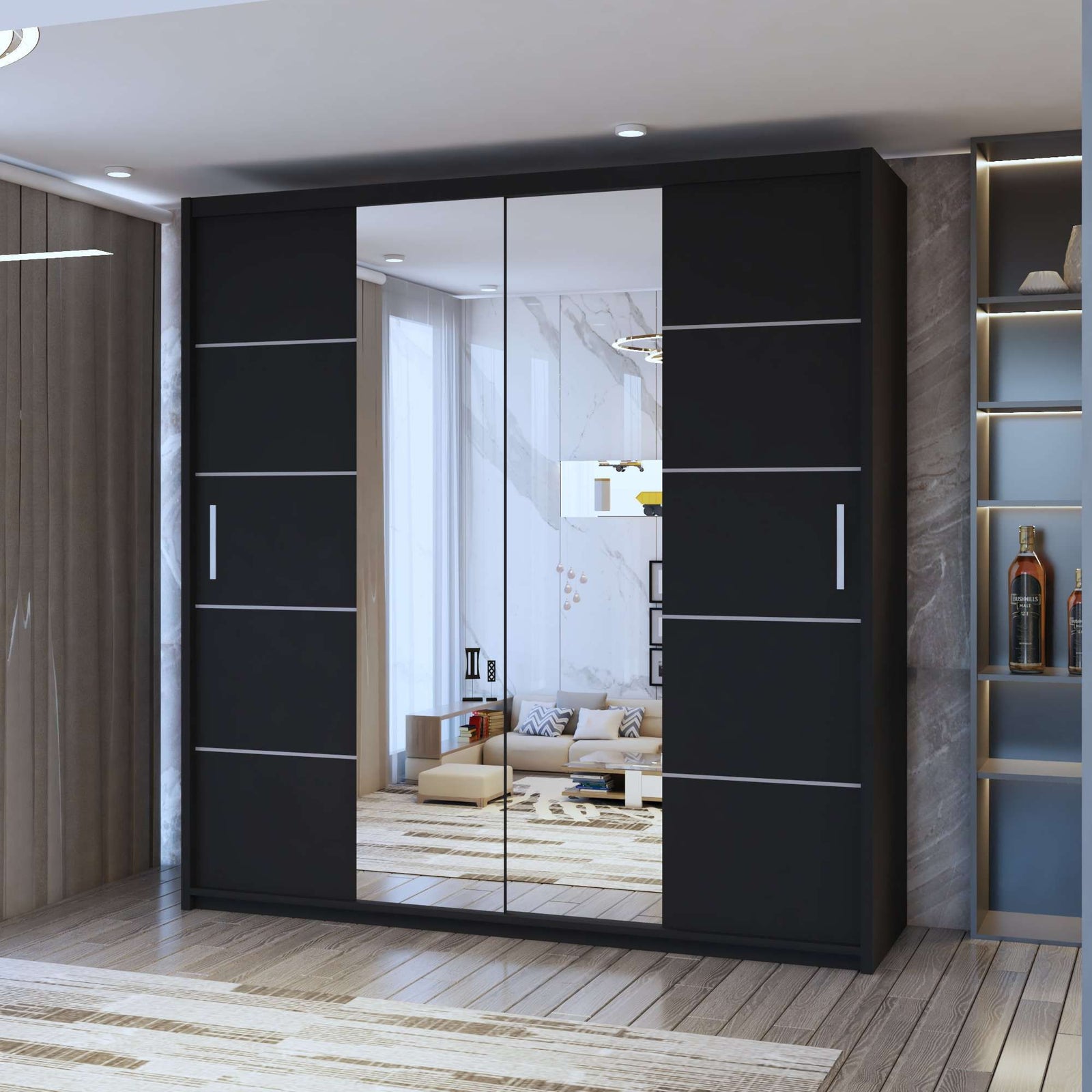 CHOICEWARDROBE Eden Double Mirror Sliding Door Wardrobe 203cm X 217cm in Black – image 1