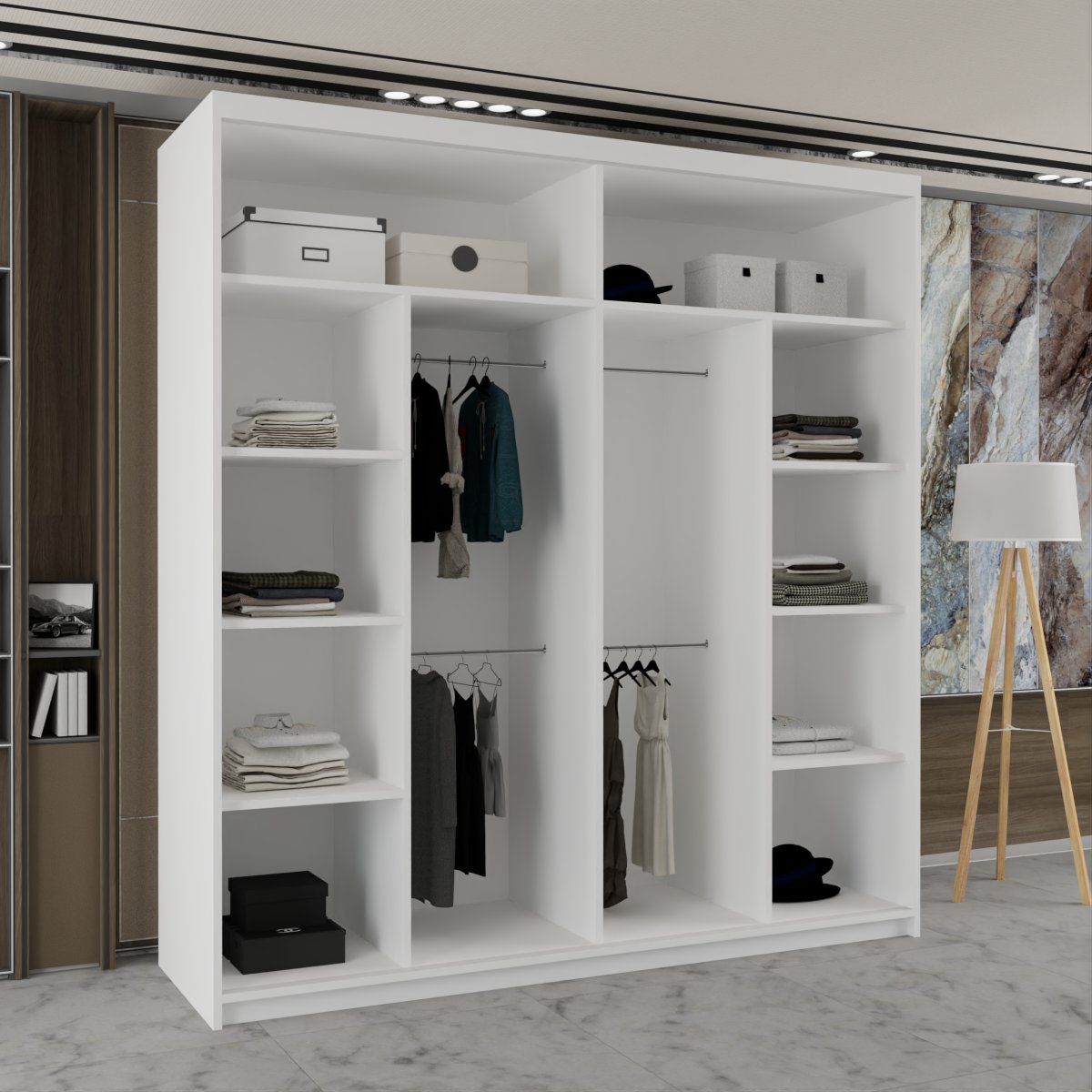 CHOICEWARDROBE Modern Double Sliding Wardrobe with LED Light W203cm x H217cm x D62cm in White – image 3