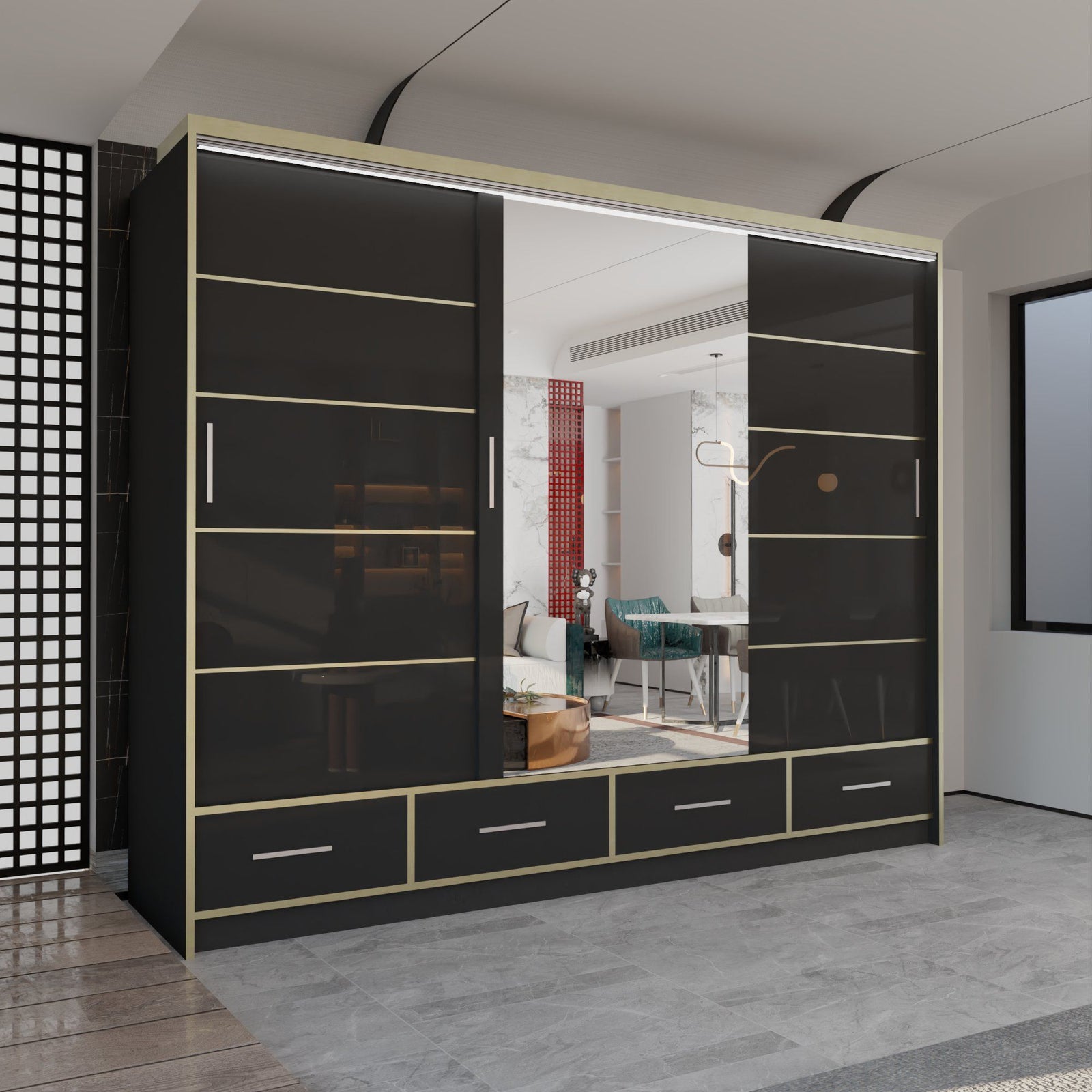 CHOICEWARDROBE Modern High Gloss Wardrobe with LED Light & Mirror Doors 253×220cm in Black – image 1
