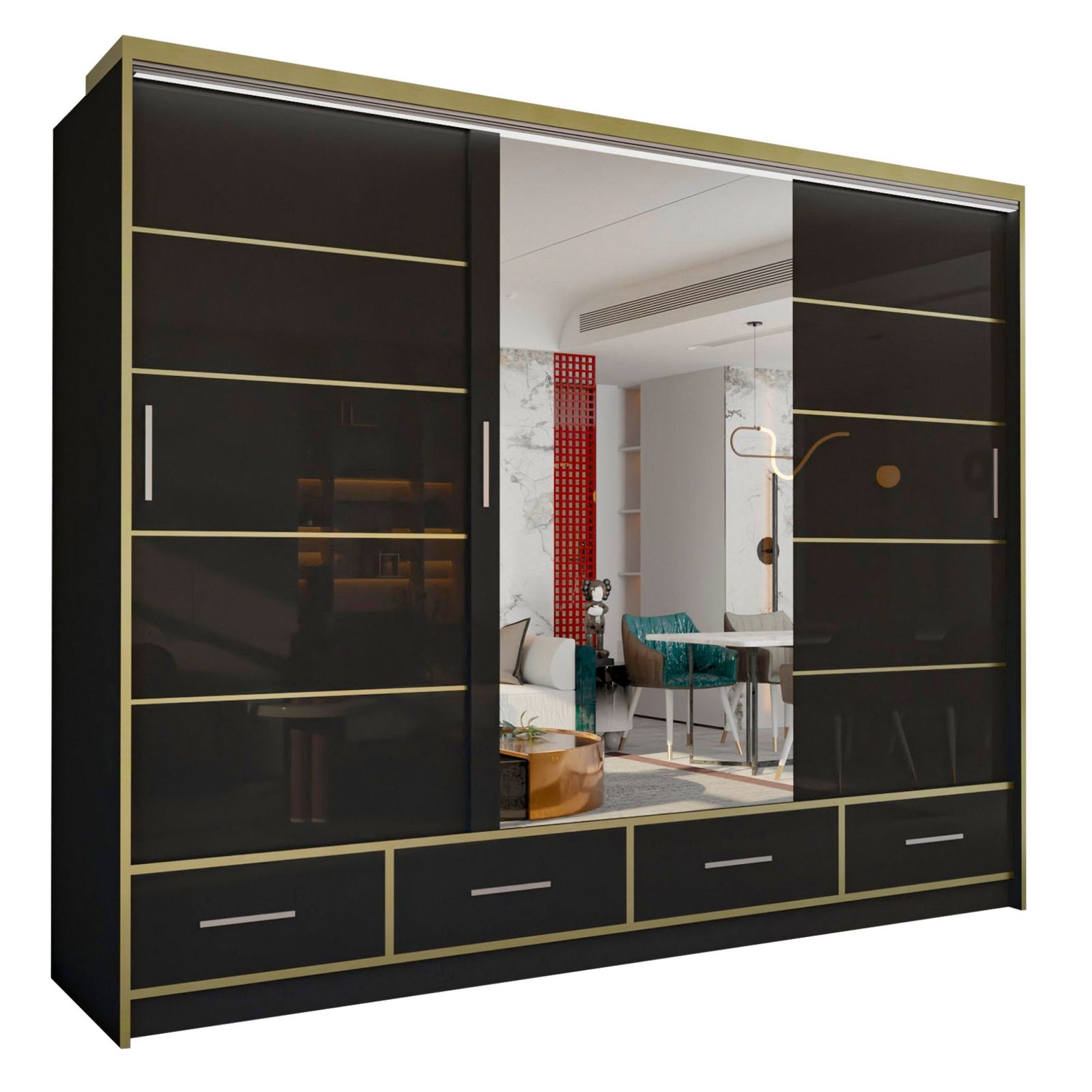 CHOICEWARDROBE Modern High Gloss Wardrobe with LED Light & Mirror Doors 253×220cm in Black – image 2
