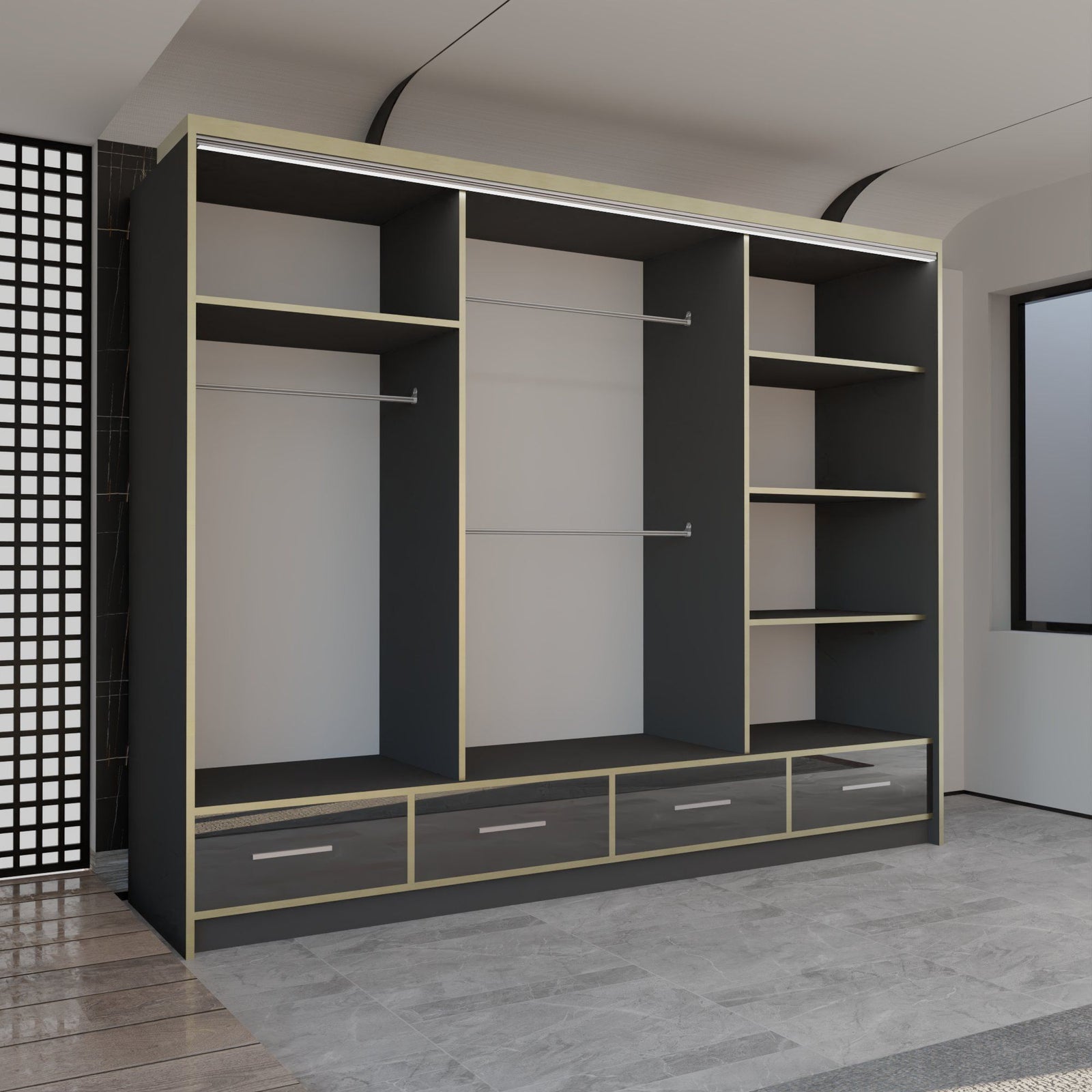CHOICEWARDROBE Modern High Gloss Wardrobe with LED Light & Mirror Doors 253×220cm in Black – image 3